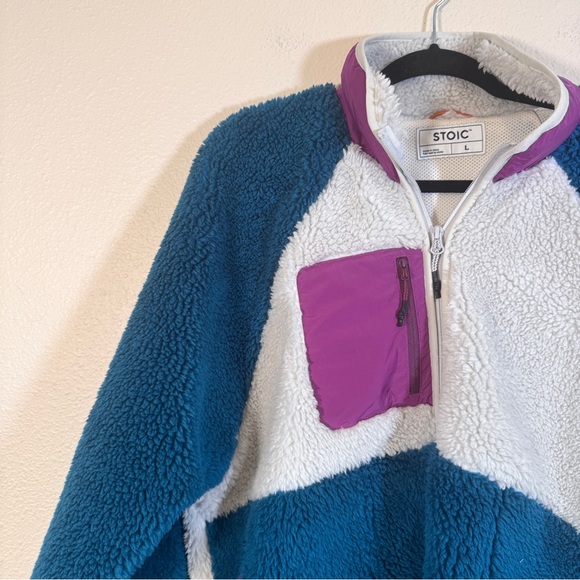 Stoic Teal Cream Colorblock High Pile Fleece Jacket Womens L Gorpcore Cozycore - Picture 8 of 11